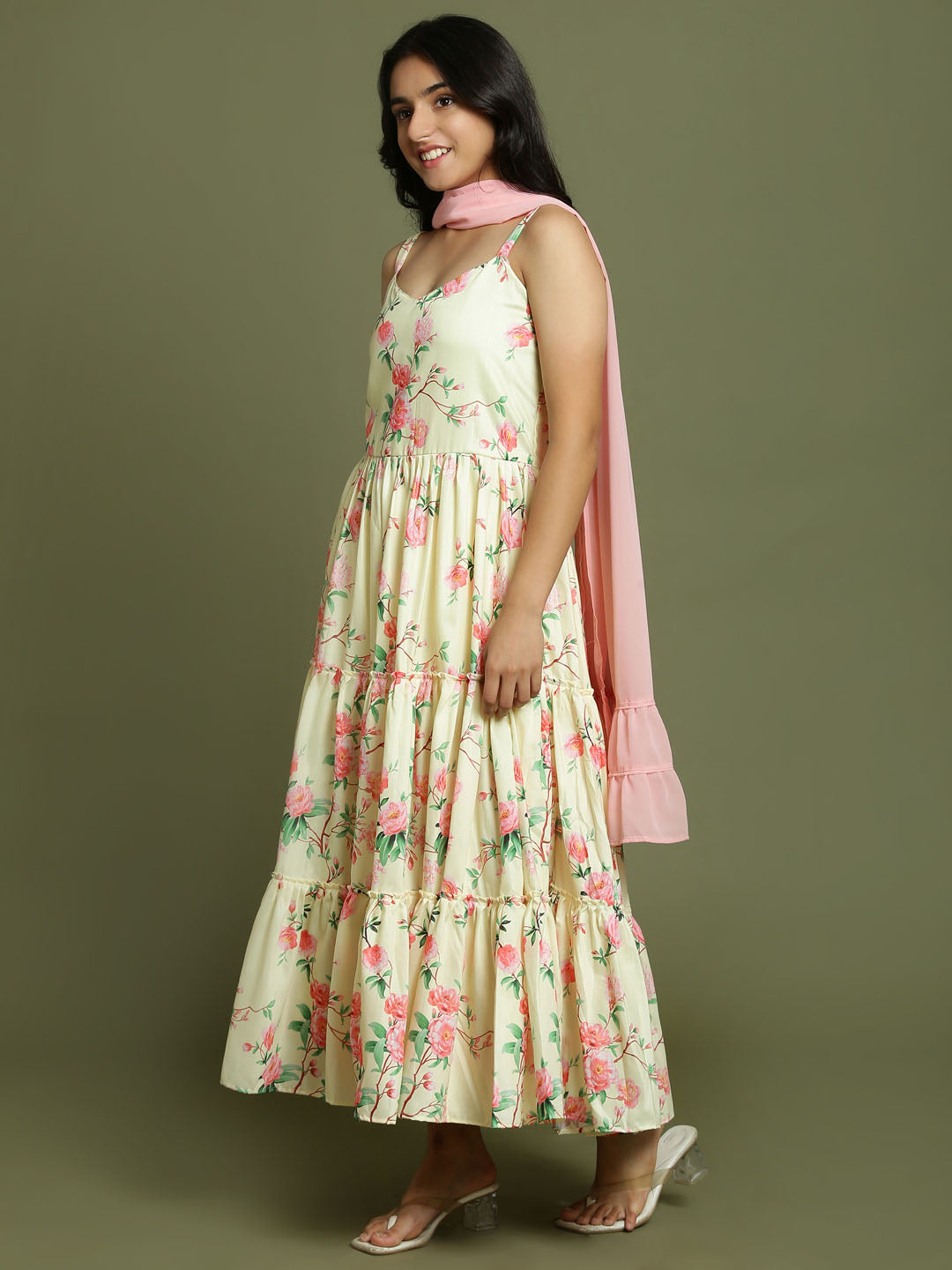 Yuva By VASTRAMAY Girl's Light Yellow Floral Print Anarkali With Pink Dupatta - qivii