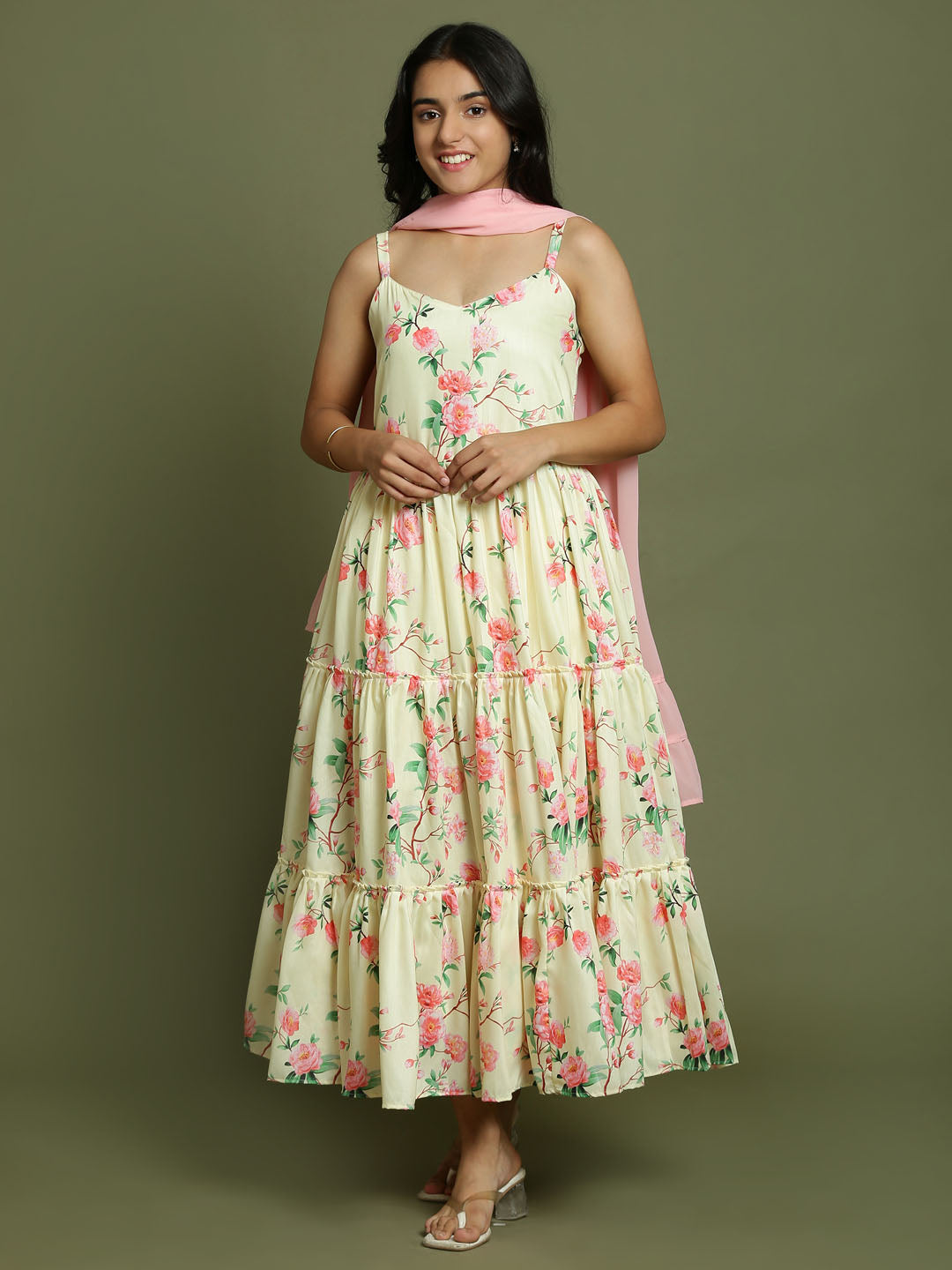 Yuva By VASTRAMAY Girl's Light Yellow Floral Print Anarkali With Pink Dupatta - qivii