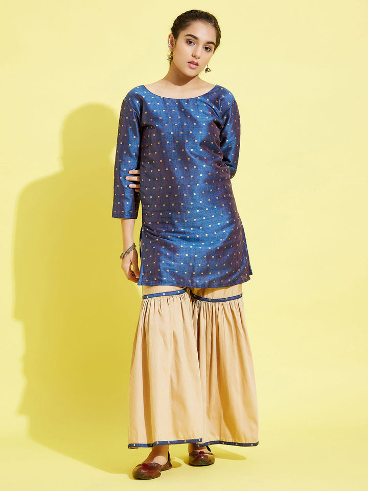 VASTRAMAY Girls' Blue Zari Kurta And Rose Gold Sharara Set