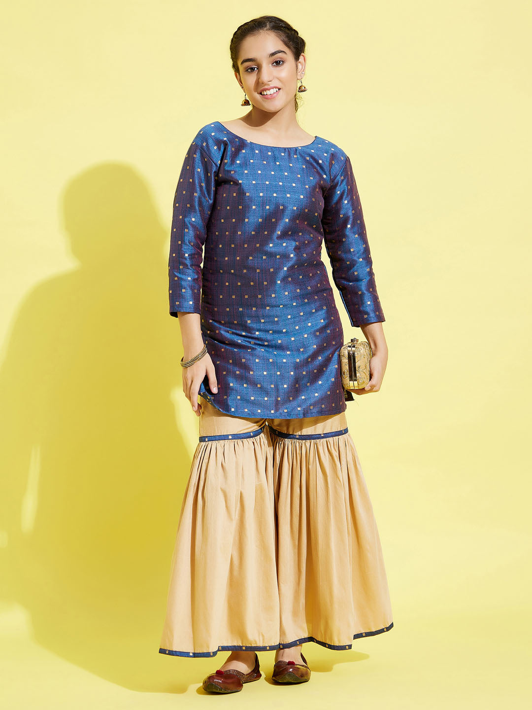 VASTRAMAY Girls' Blue Zari Kurta And Rose Gold Sharara Set