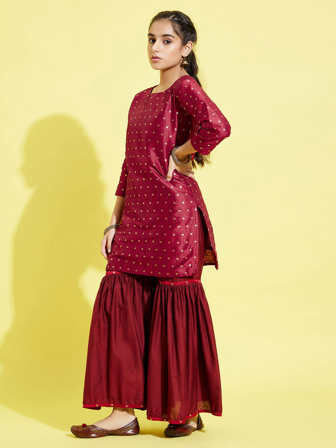 VASTRAMAY Girls' Maroon Zari Kurta And Sharara Set