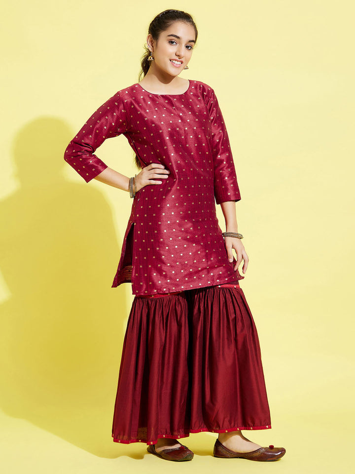 VASTRAMAY Girls' Maroon Zari Kurta And Sharara Set