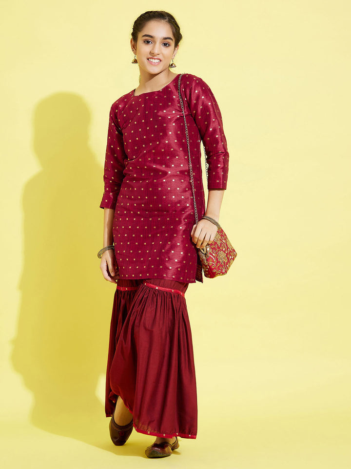 VASTRAMAY Girls' Maroon Zari Kurta And Sharara Set