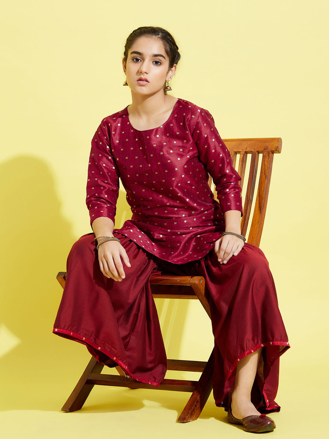 VASTRAMAY Girls' Maroon Zari Kurta And Sharara Set