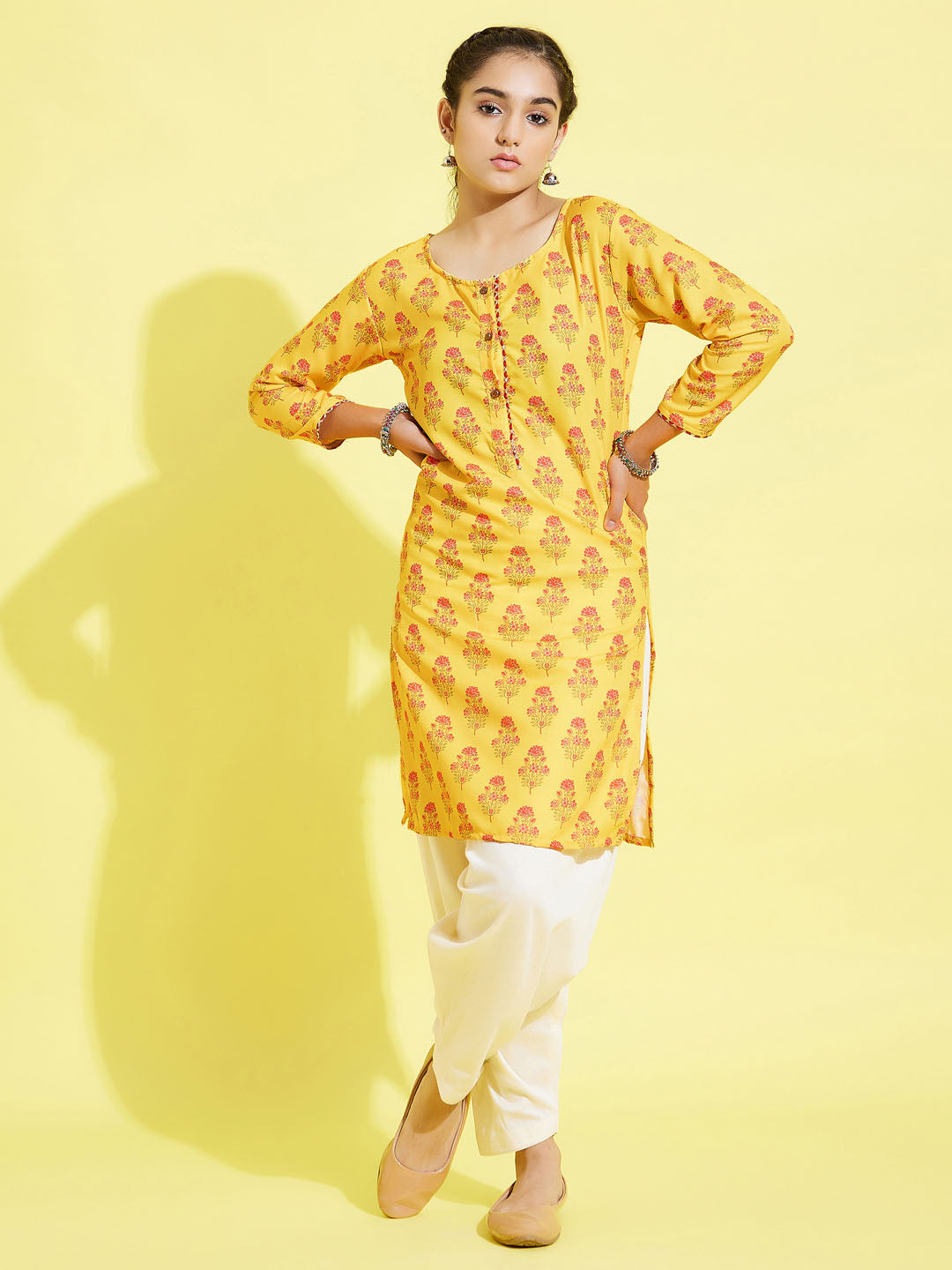 VASTRAMAY Girls' Mustard And Cream Printed Linen Kurta And Patiala Set