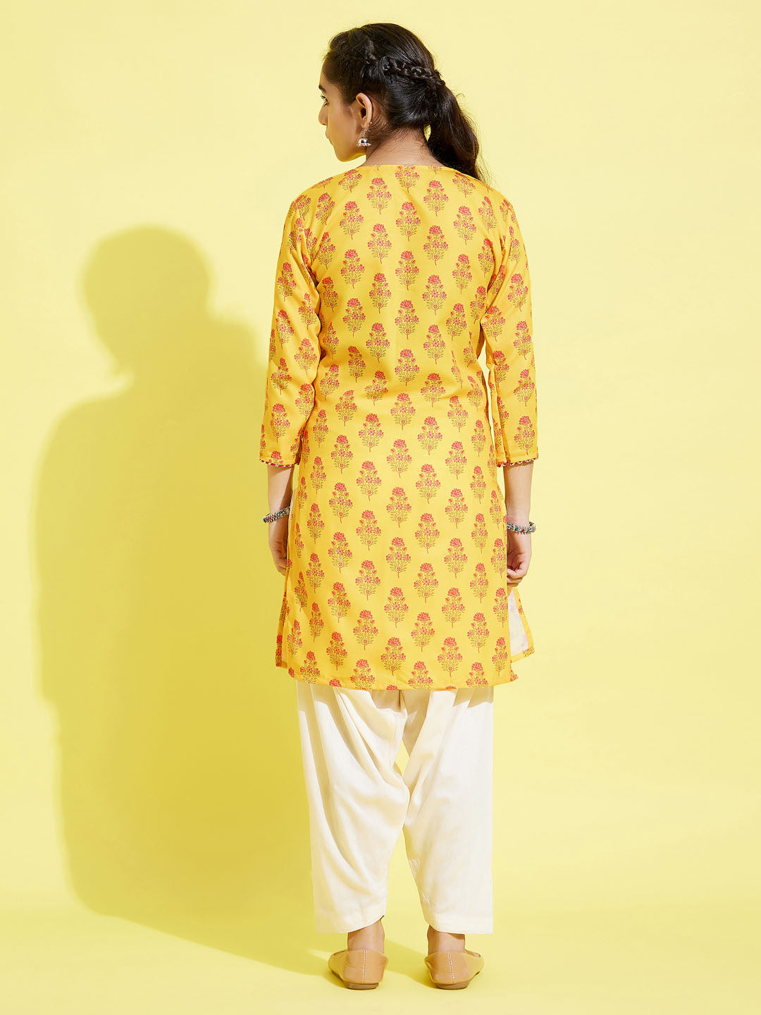 VASTRAMAY Girls' Mustard And Cream Printed Linen Kurta And Patiala Set