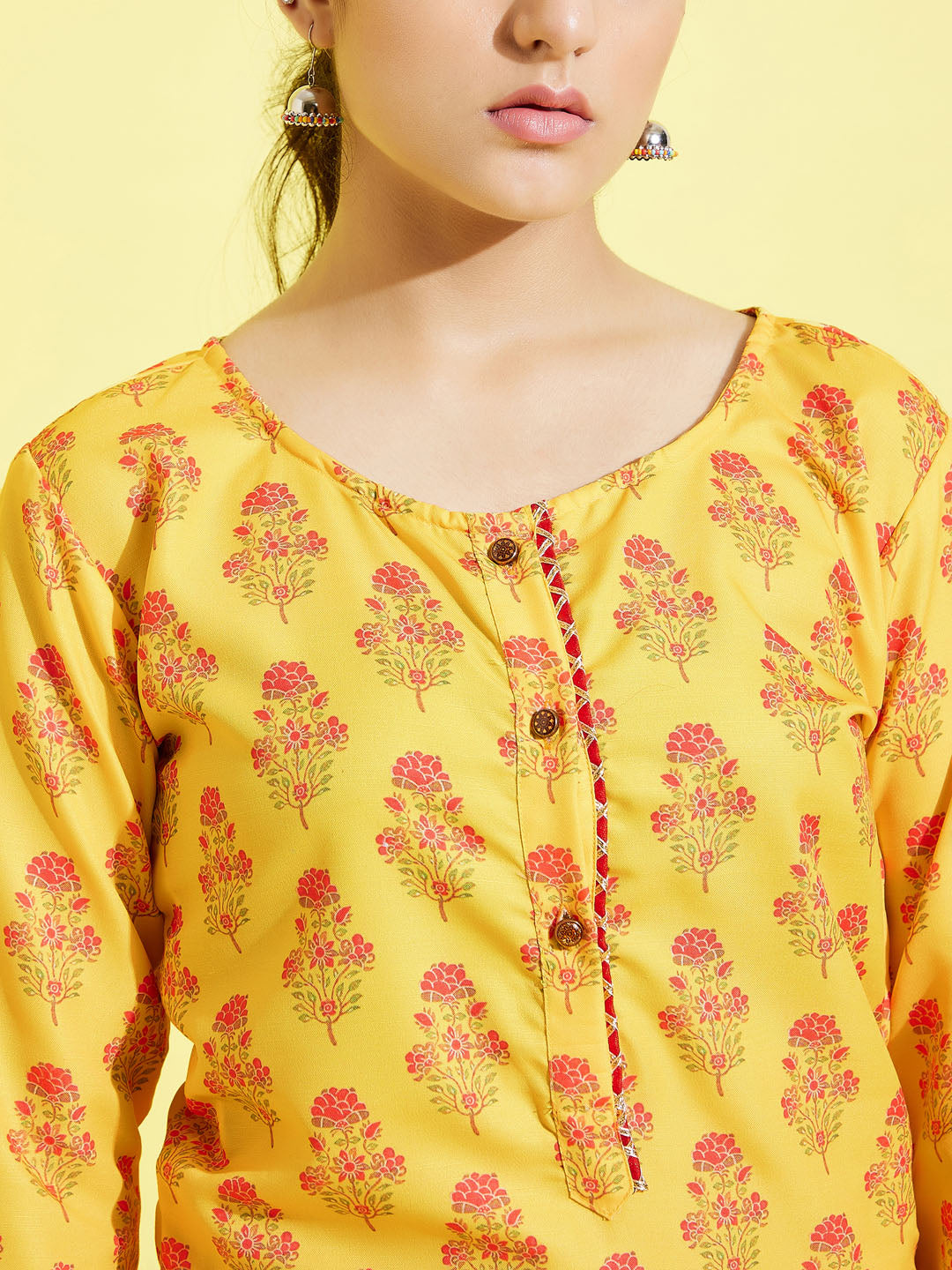 VASTRAMAY Girls' Mustard And Cream Printed Linen Kurta And Patiala Set