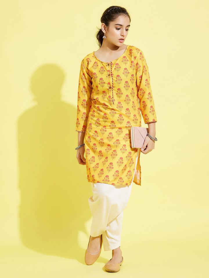 VASTRAMAY Girls' Mustard And Cream Printed Linen Kurta And Patiala Set