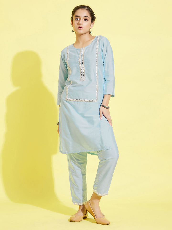 VASTRAMAY Girls' Aqua Viscose Kurta And Straight Pant Set