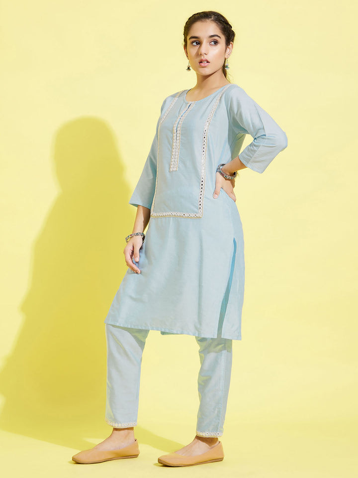 VASTRAMAY Girls' Aqua Viscose Kurta And Straight Pant Set