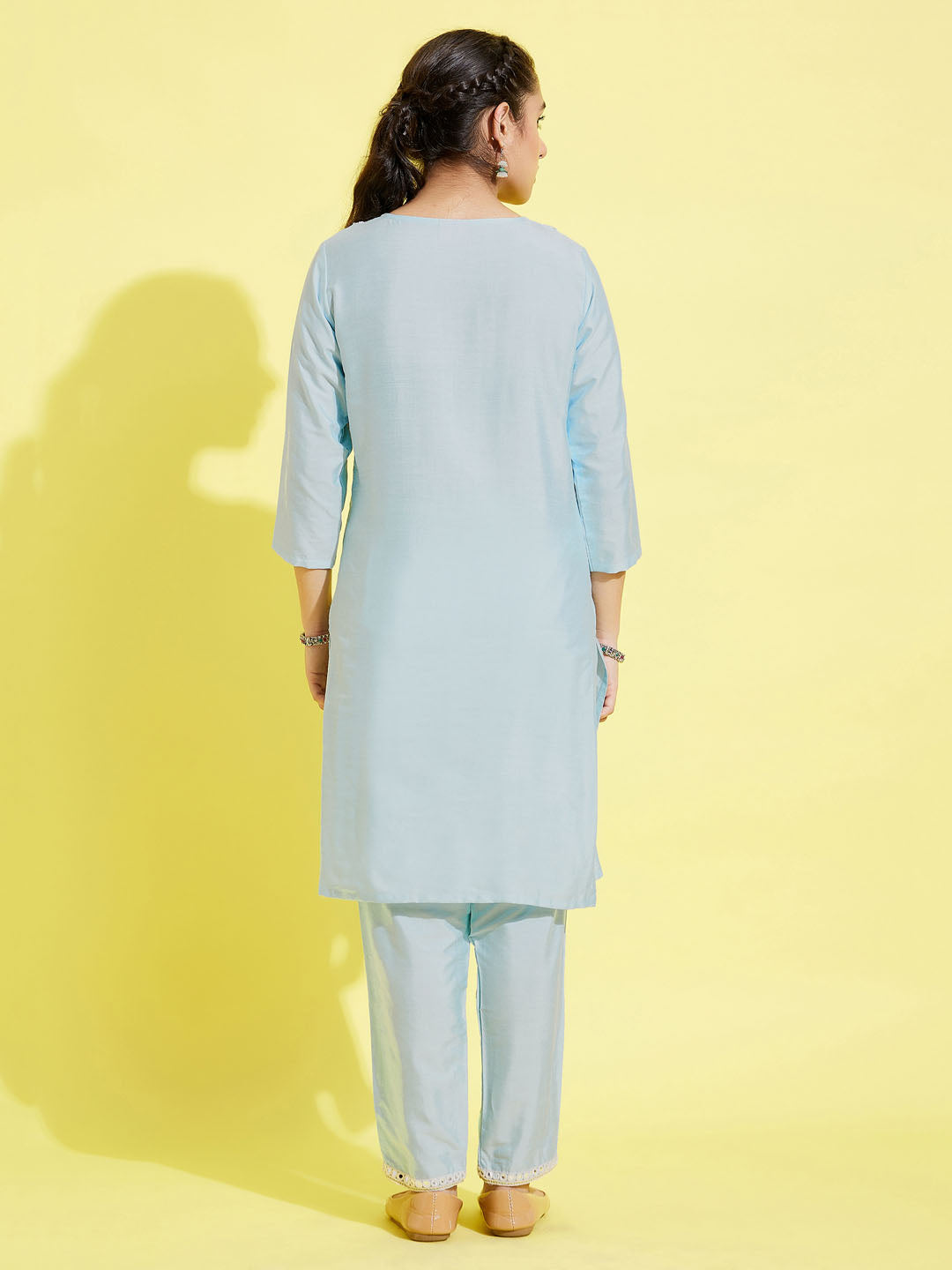 VASTRAMAY Girls' Aqua Viscose Kurta And Straight Pant Set