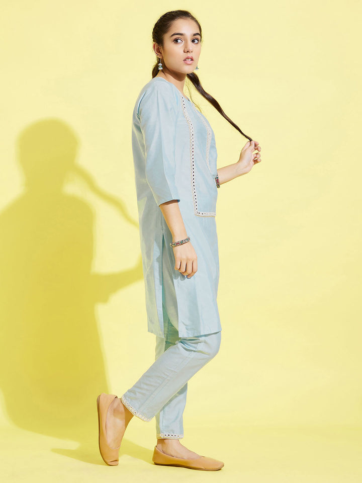 VASTRAMAY Girls' Aqua Viscose Kurta And Straight Pant Set