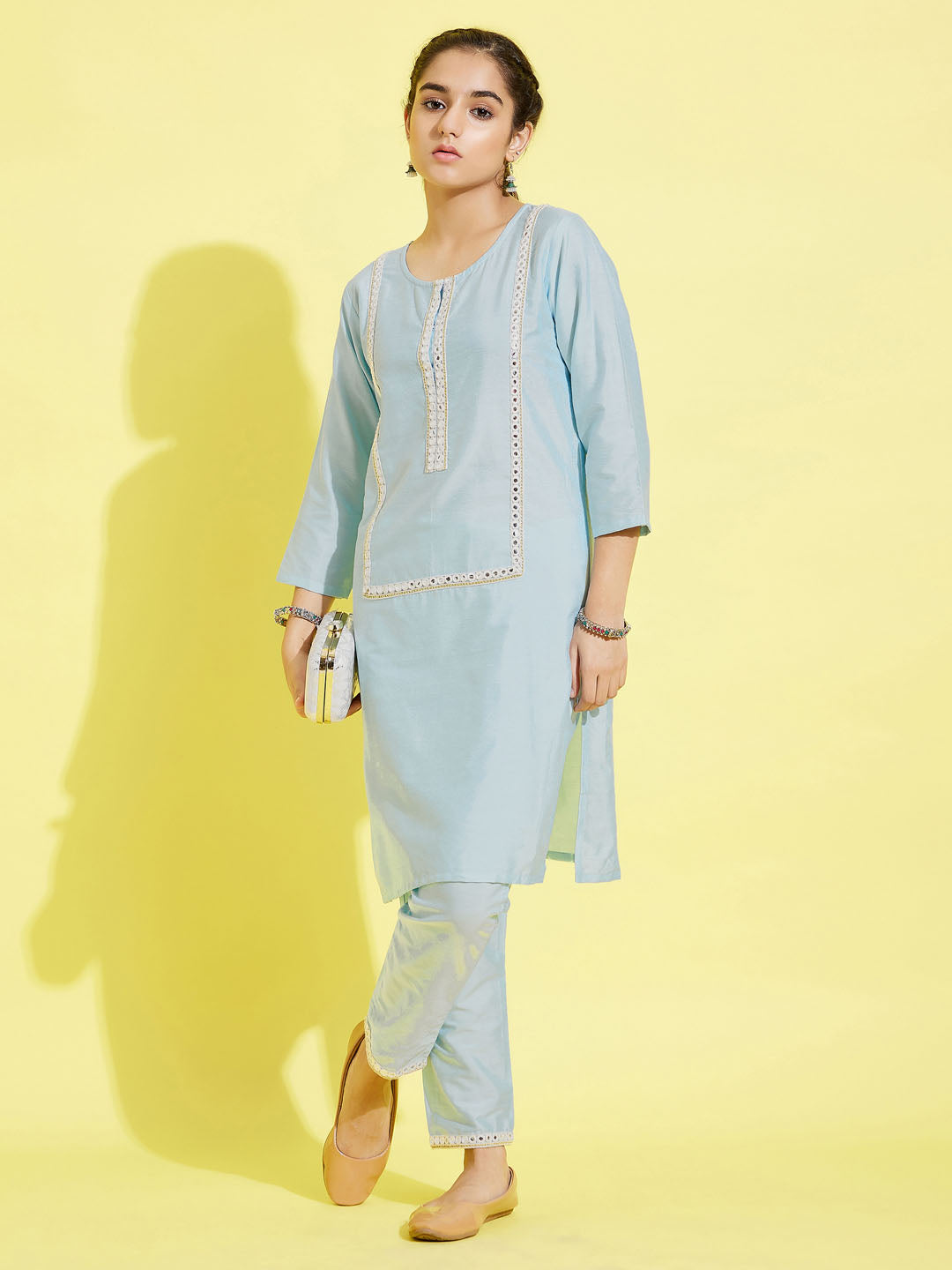 VASTRAMAY Girls' Aqua Viscose Kurta And Straight Pant Set