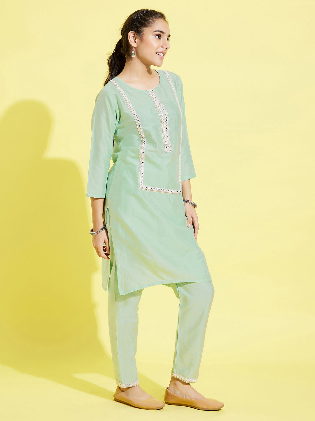 VASTRAMAY Girls' Mint Green Viscose Kurta And Straight Pant Set