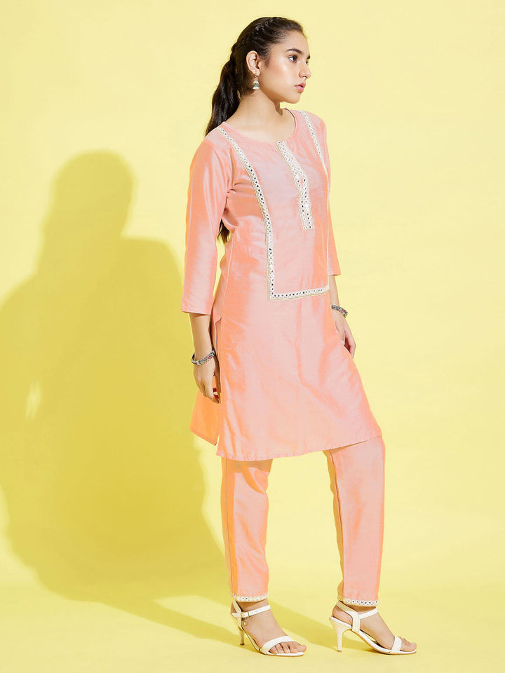 VASTRAMAY Girls' Pink Viscose Kurta And Straight Pant Set