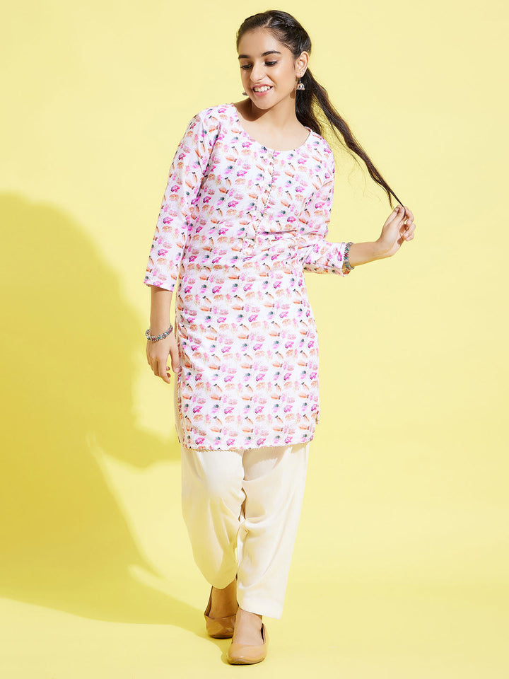 VASTRAMAY Girls' White Floral Printed Linen Kurta And Cream Patiala Set