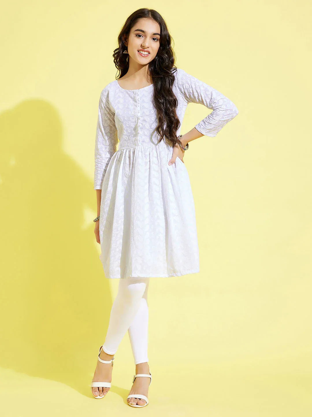 Girl's White Pure Cotton Chikankari Kurta With Leggings Set