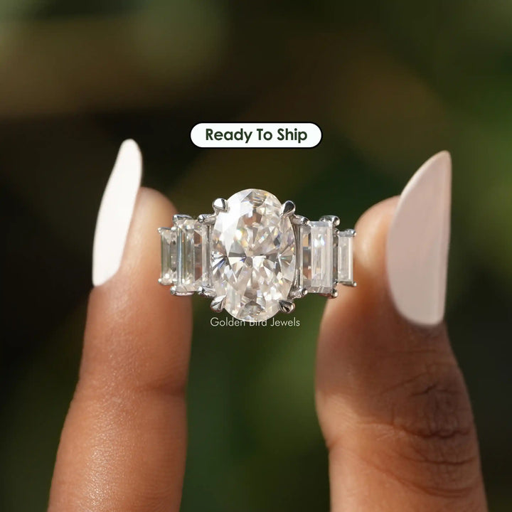 Crushed Ice Oval 5 Stone Vertical Baguette Engagement Ring