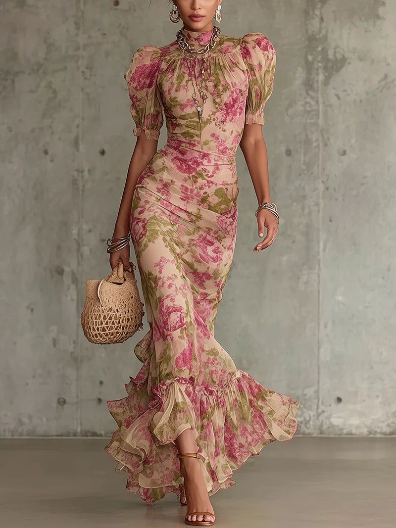 Fiora | Romantic Vintage Rose Puff Sleeve Maxi Dress by Qivii
