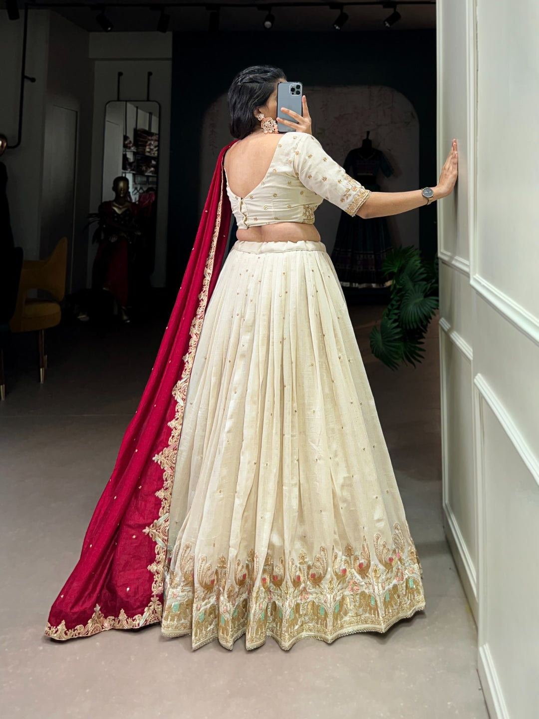 White Vichitra Silk Sequins and Thread Embroidery Work Lehenga