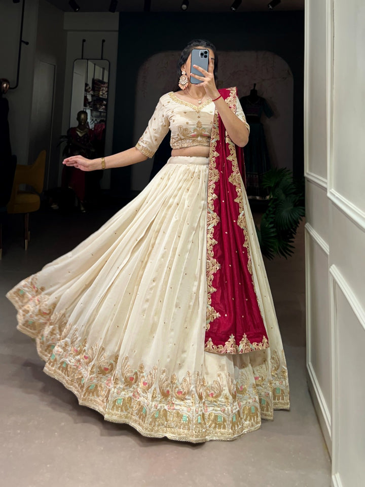 White Vichitra Silk Sequins and Thread Embroidery Work Lehenga