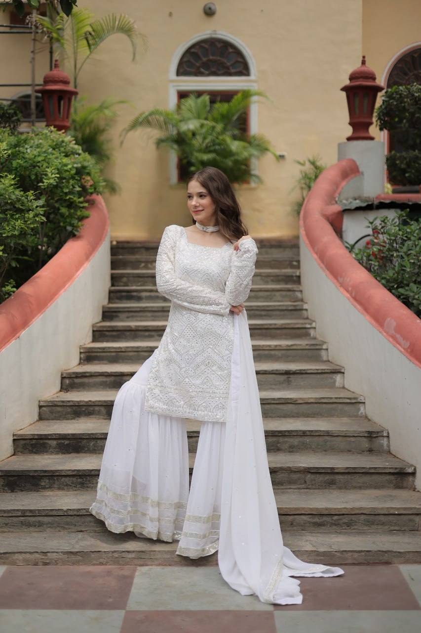 White Faux Georgette With  Sequins & thread Embroidered work Sharara Suit