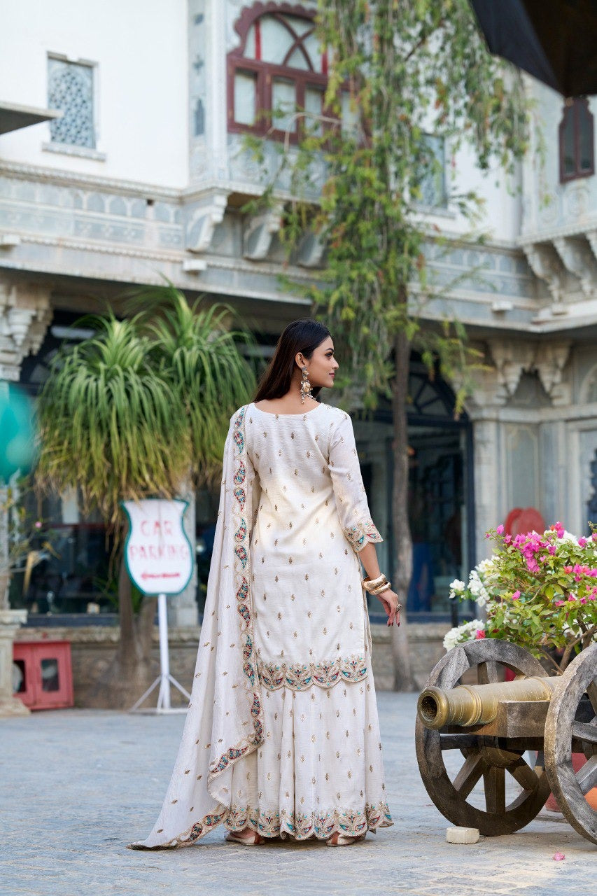 White Vichitra Silk Sequins and Thread Embroidery Work Sharara Suit