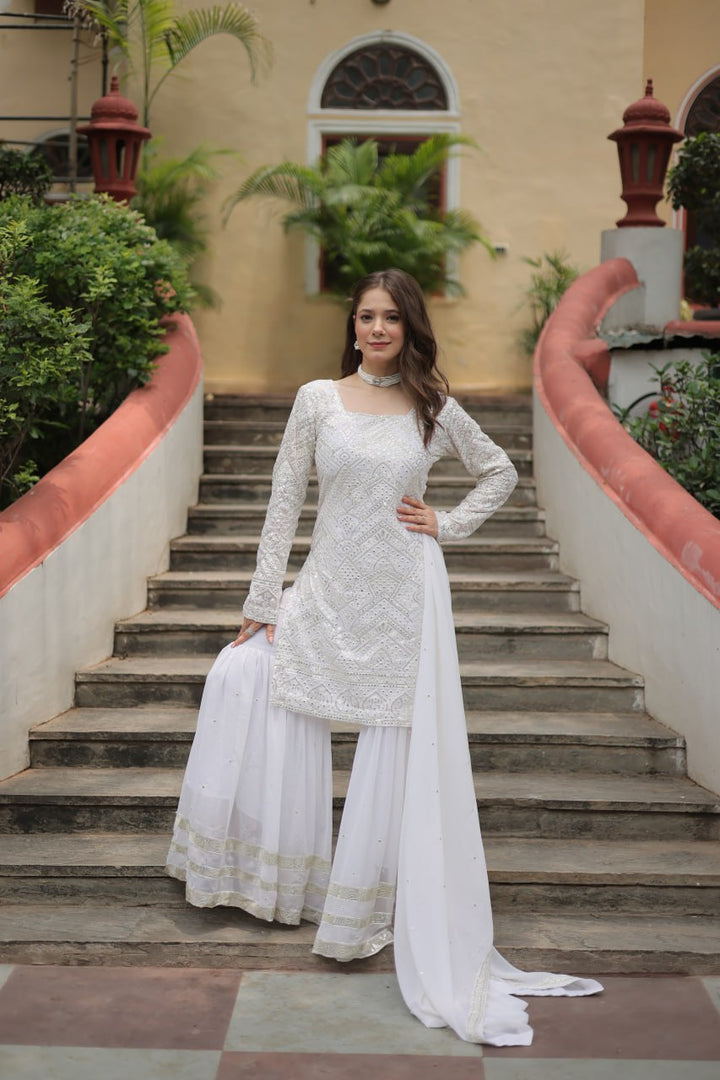 White Faux Georgette With  Sequins & thread Embroidered work Sharara Suit