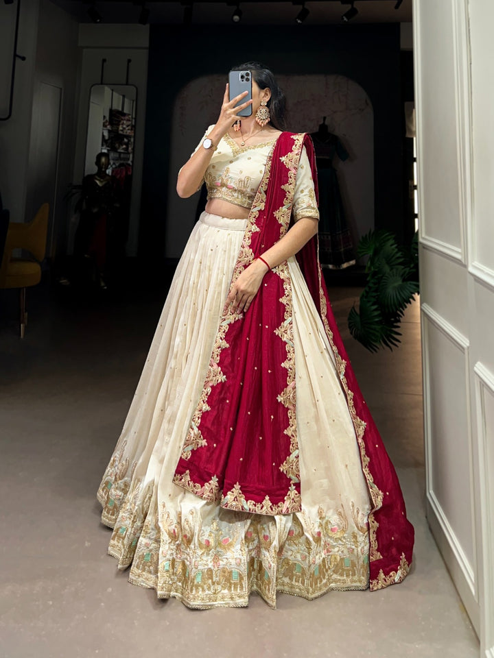 White Vichitra Silk Sequins and Thread Embroidery Work Lehenga