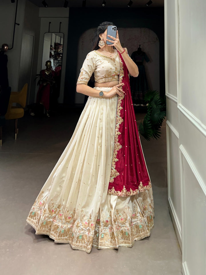 White Vichitra Silk Sequins and Thread Embroidery Work Lehenga