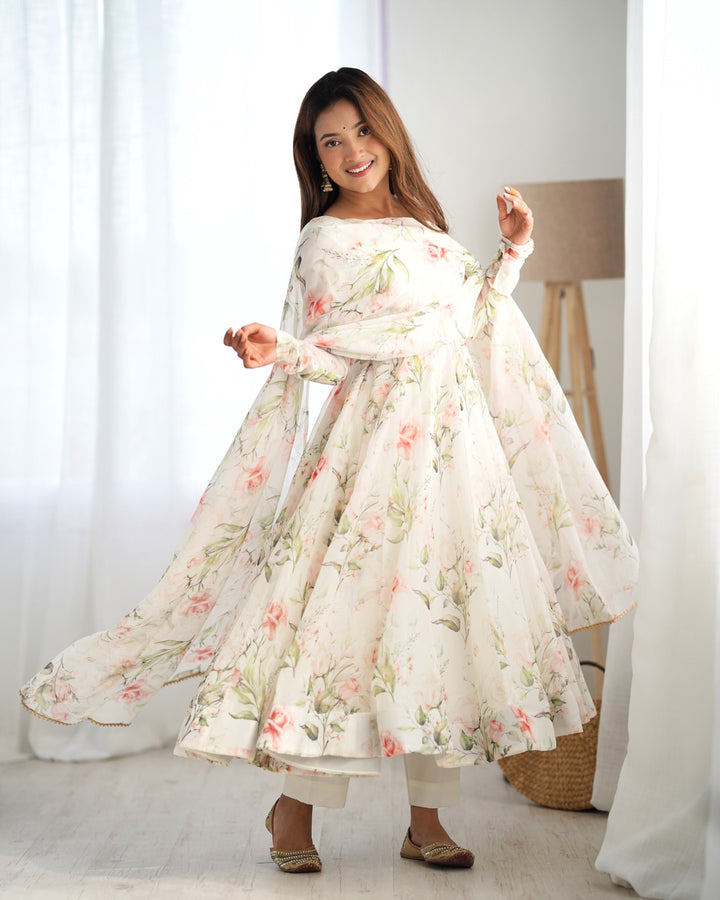 Long and flowing white organza silk gown with heavy pure soft print 