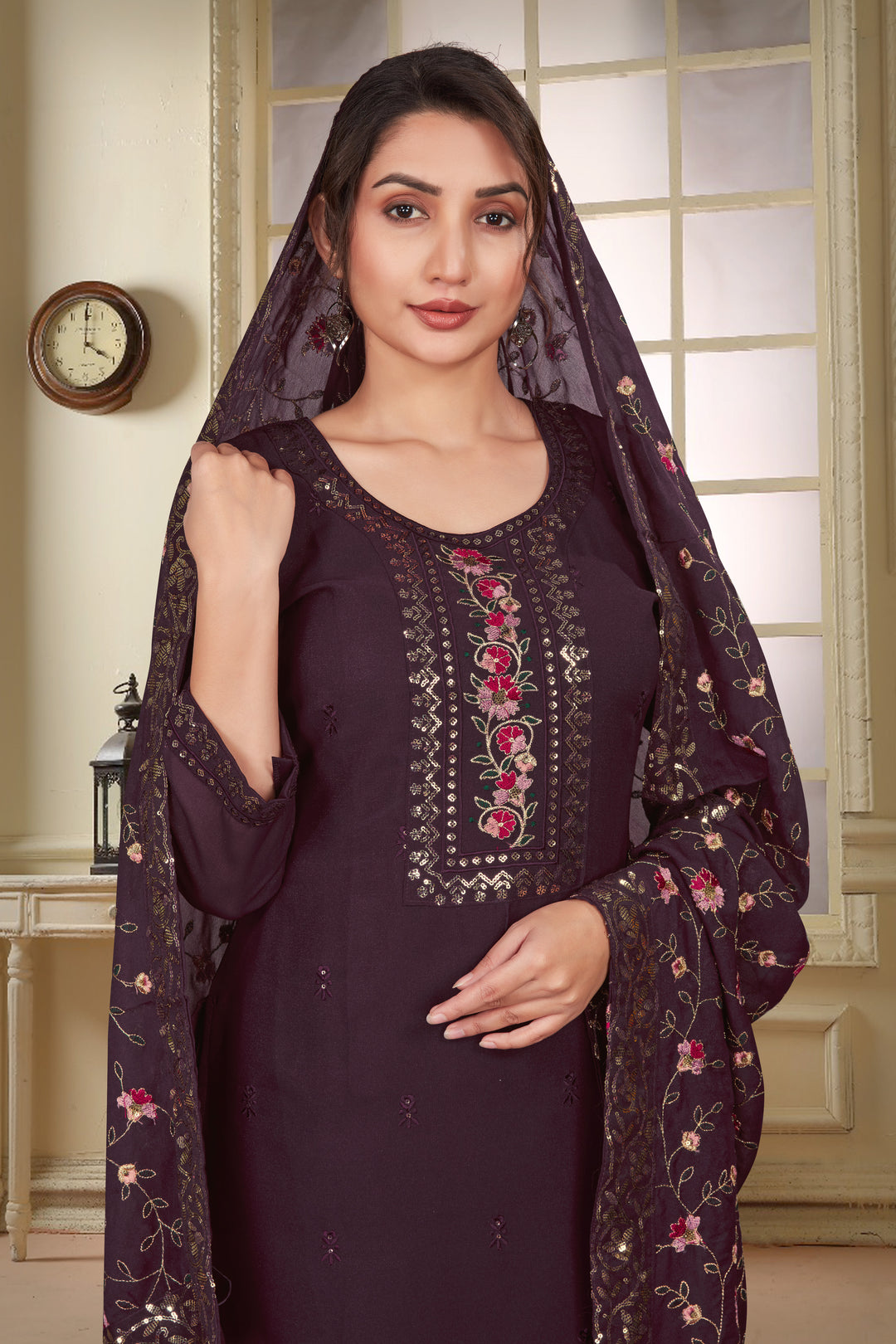 WINE STAR GEORGETTE WITH EMBROIDERY WORK AND LINNING ATTACHED KURTA SET