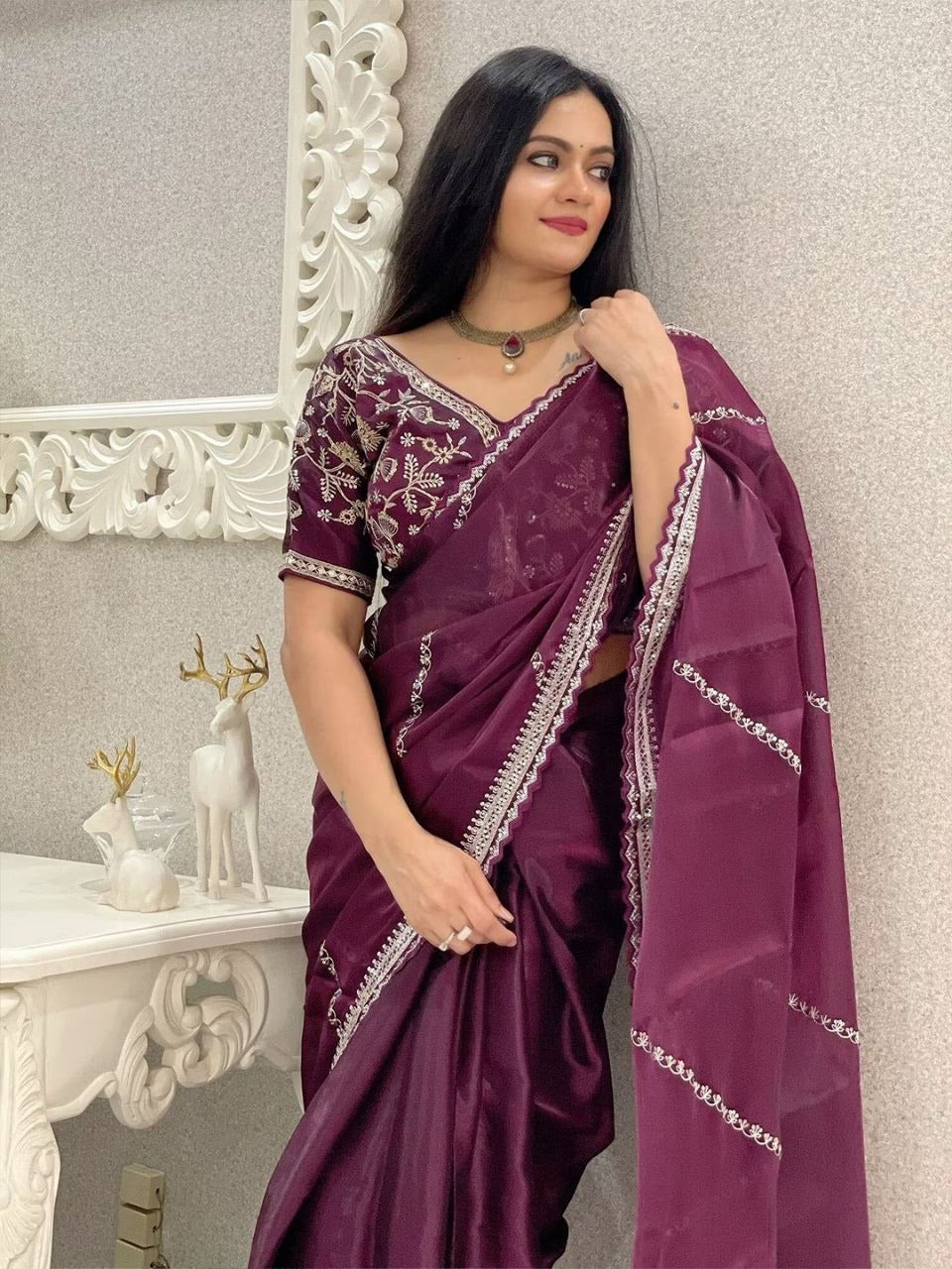 Soft Zimmy Choo Silk Designer Embroidery Work Saree In Wine Color - qivii