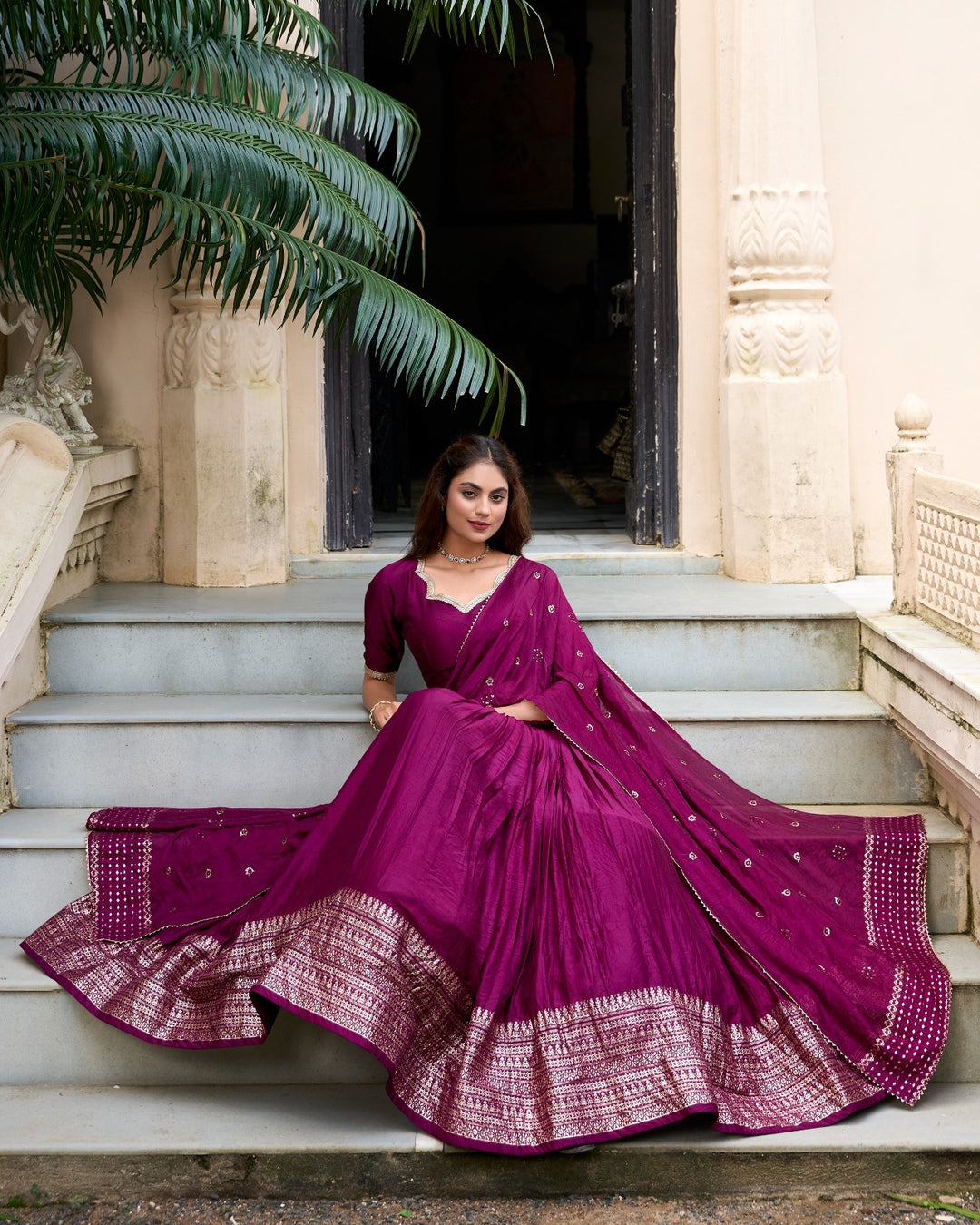 Gorgeous Wine Pure Chanderi Plain With Zari Weaving Work Border Lehenga, perfect for special occasions, showcases detailed zari work with a rich and luxurious feel