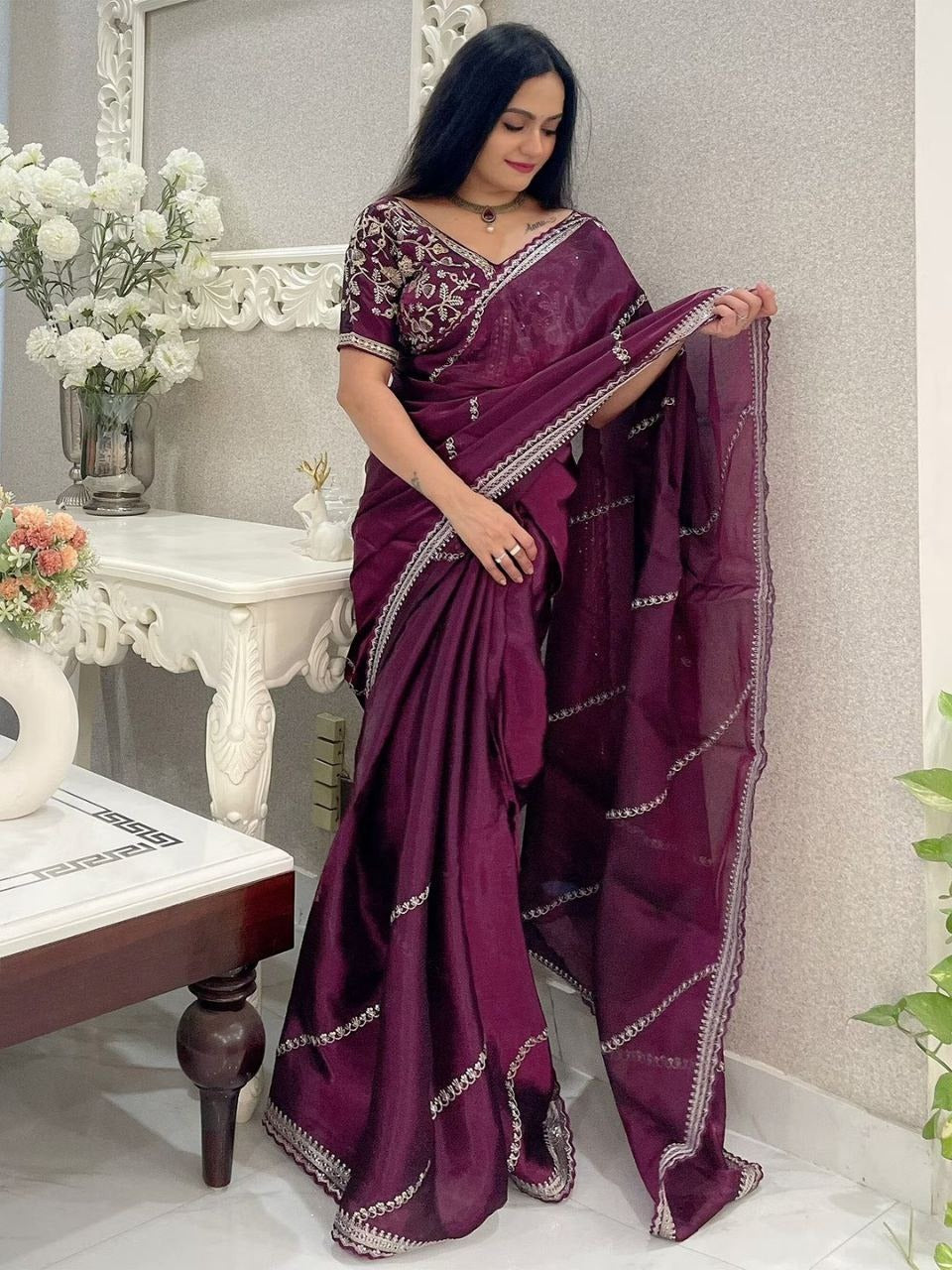 Soft Zimmy Choo Silk Designer Embroidery Work Saree In Wine Color - qivii