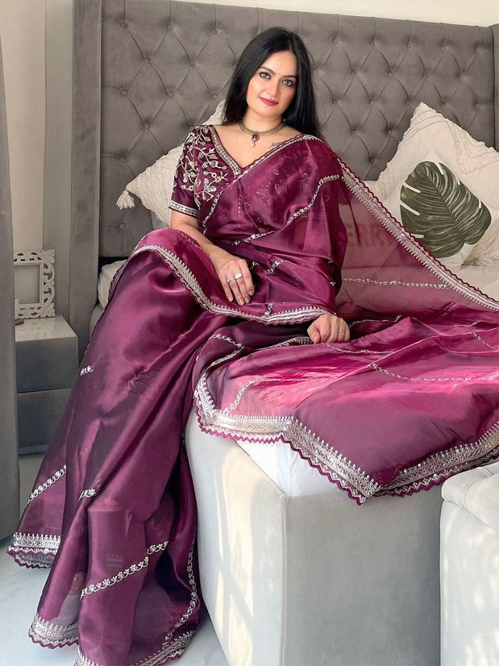 Soft Zimmy Choo Silk Designer Embroidery Work Saree In Wine Color - qivii