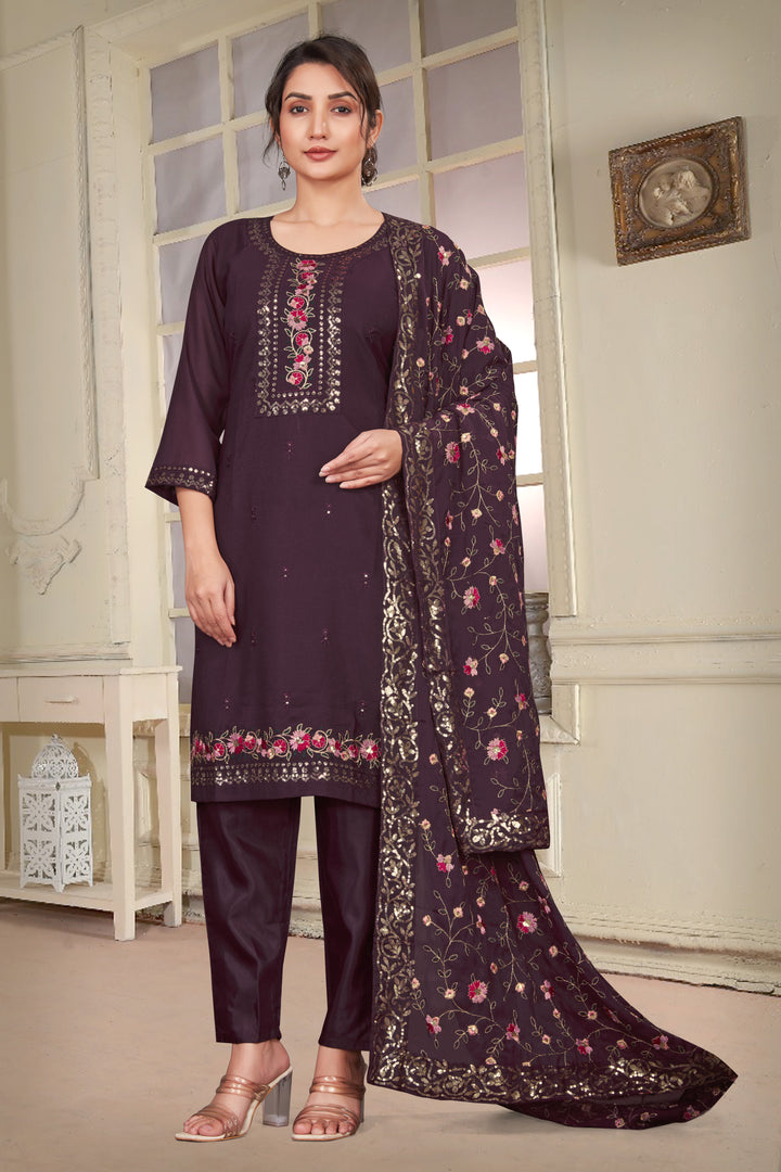 WINE STAR GEORGETTE WITH EMBROIDERY WORK AND LINNING ATTACHED KURTA SET