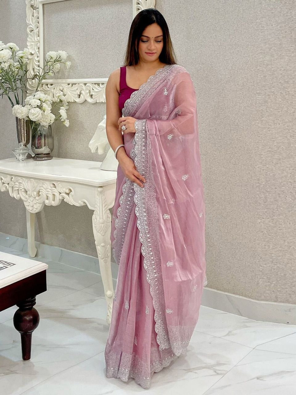 Burburry Silk Beautiful Designer Sequence and Jari Thread Embroidery Work Saree in Wine Color