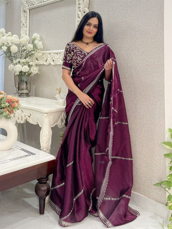 Soft Zimmy Choo Silk Designer Embroidery Work Saree In Wine Color - qivii