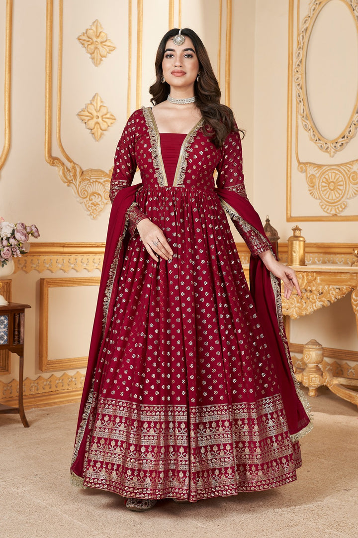 Red Foil Printed Stitched Full Length Gown with Dupatta in vibrant red color for special occasions