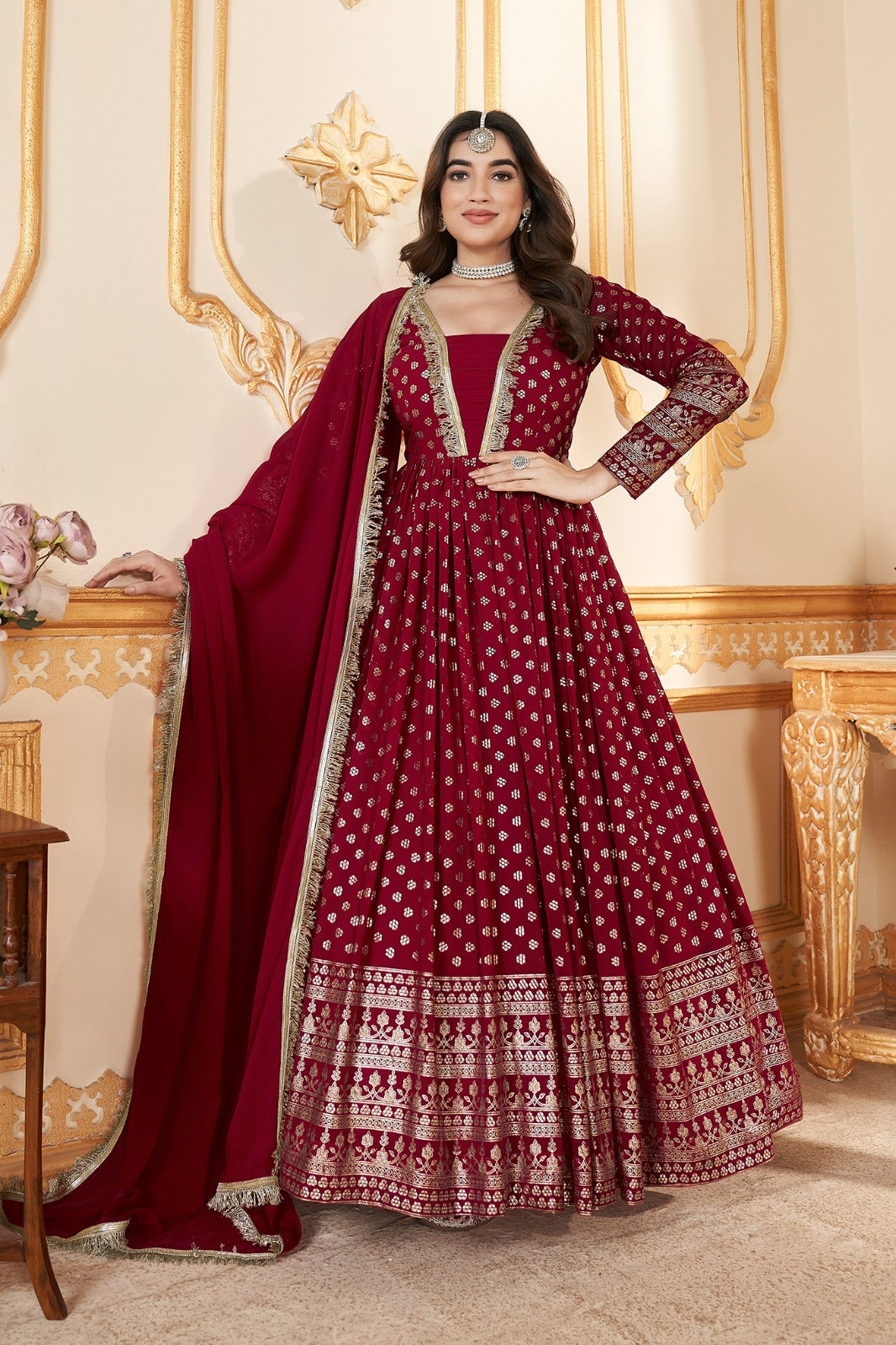 Beautiful Red Foil Printed Stitched Full Length Gown with Dupatta featuring intricate floral patterns