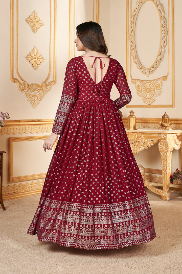 Gorgeous Red Foil Printed Stitched Full Length Gown with Dupatta perfect for traditional and cultural events