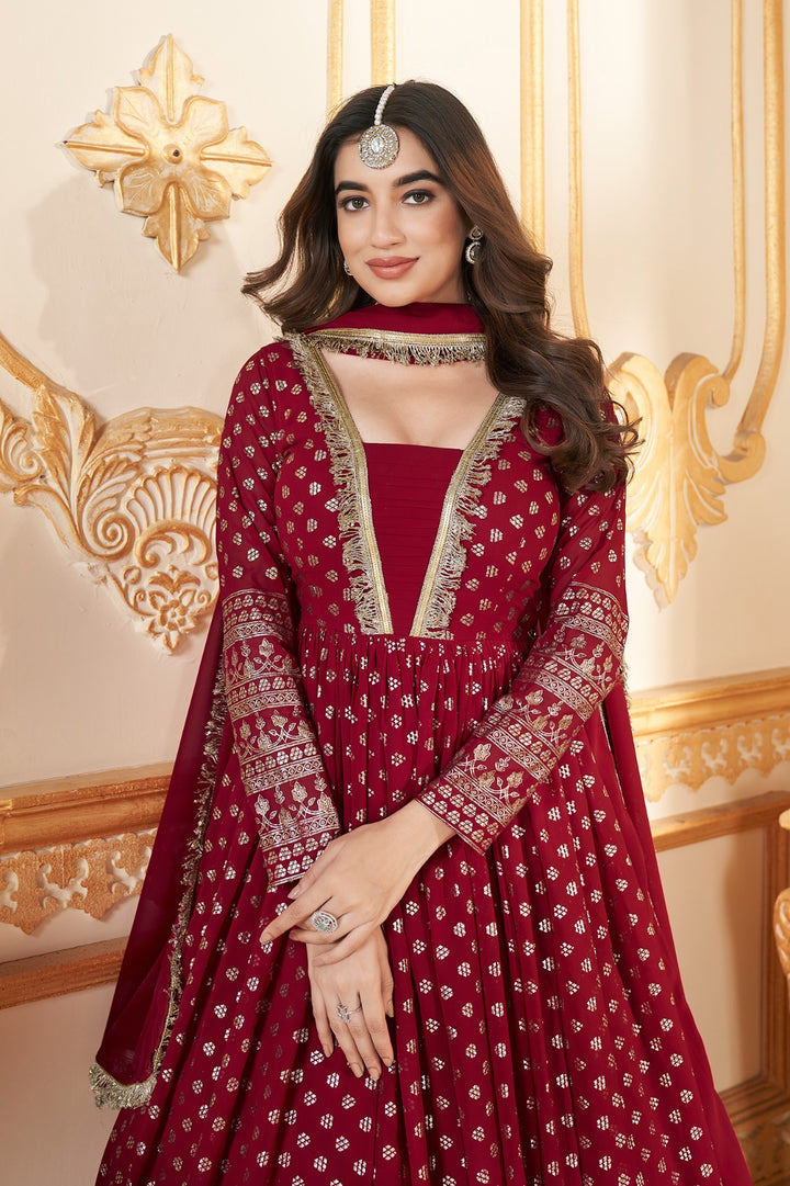 Elegant and luxurious Red Foil Printed Stitched Full Length Gown with Dupatta for weddings and parties