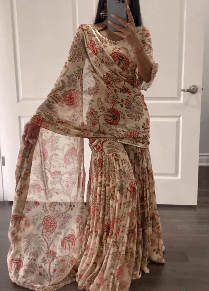 Beige georgette sharara saree with intricate floral print and elegant design 