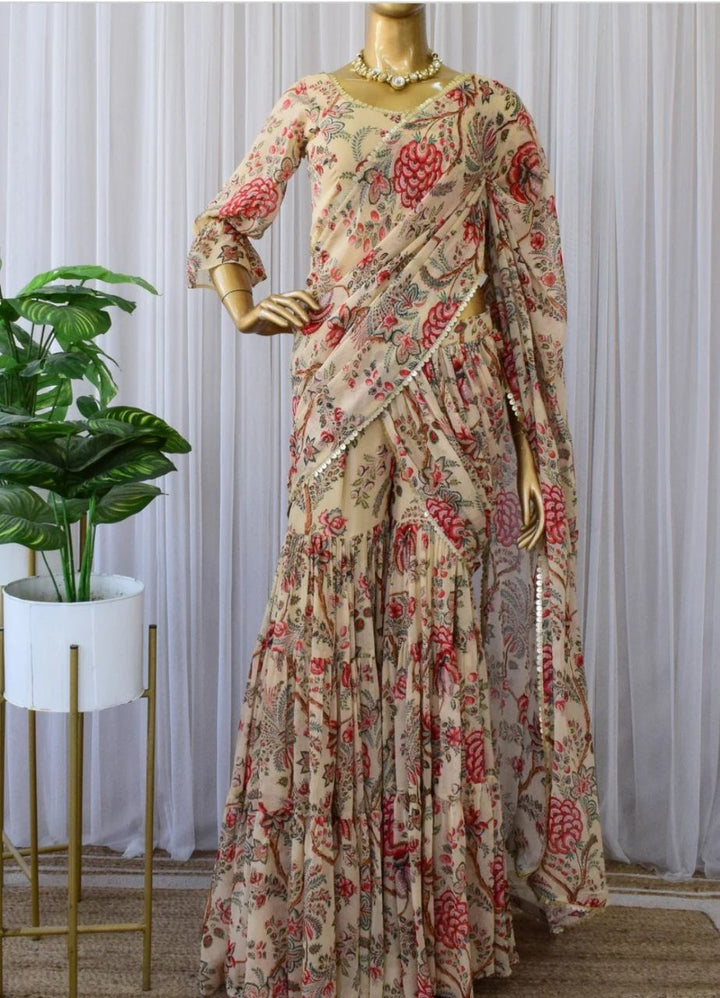  Elegant beige floral printed georgette sharara saree perfect for special occasions