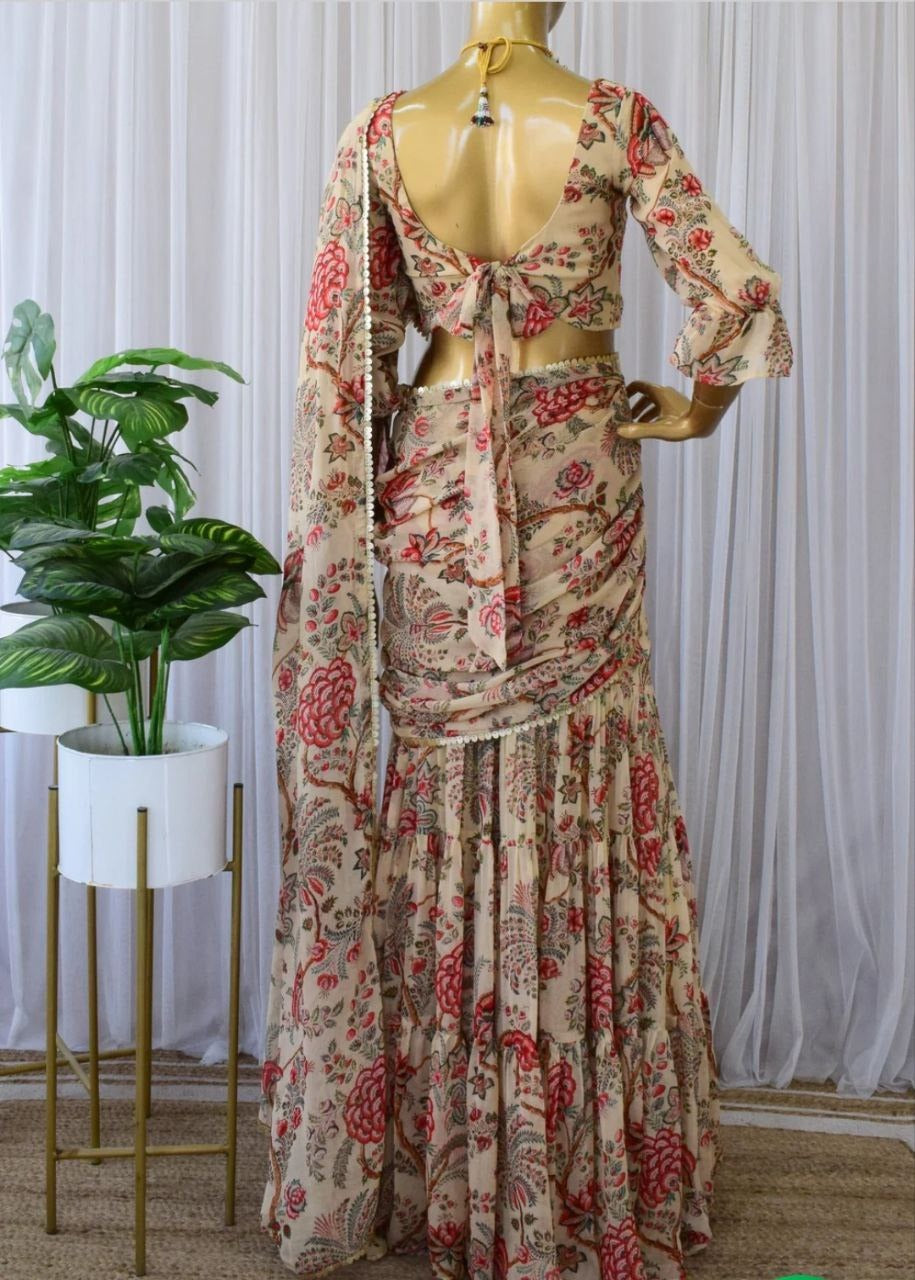  Beautiful beige floral printed georgette sharara saree for women 