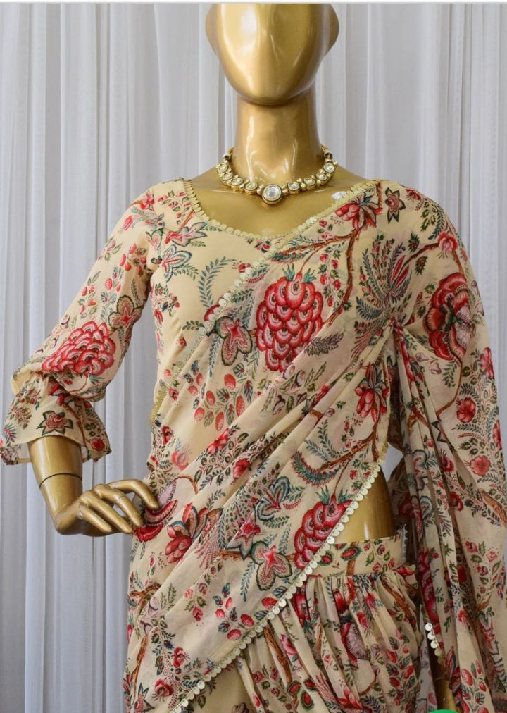 BEIGE FLORAL PRINTED GEORGETTE SHARARA SAREE