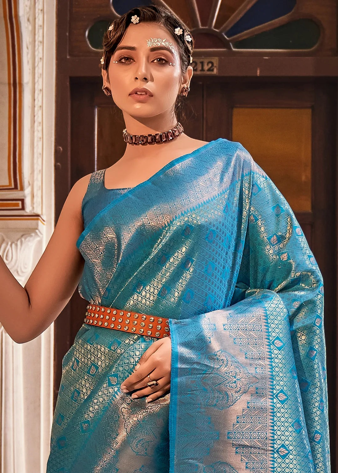 Sky Blue Zari Weaving Silk Wedding Wear Saree With Blouse