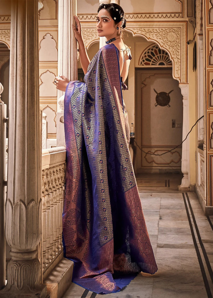 Royal Blue Zari Weaving Silk Wedding Wear Saree With Blouse