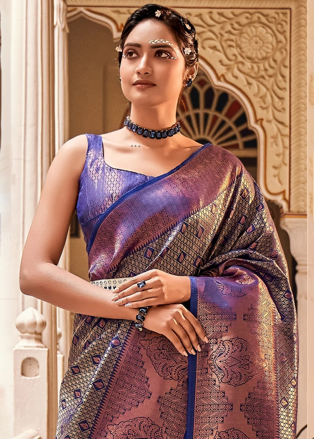 Royal Blue Zari Weaving Silk Wedding Wear Saree With Blouse